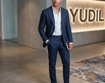 YUDIL Navy Blue Slim Fit Two-Piece Suit, Tailored Wedding Prom Tuxedo