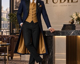 Navy Tailcoat Suit for Men, Gold Waistcoat Tuxedo, Wedding Groom Suit, Formal Morning Coat, Prince Edward Style, 3 Piece Wedding Suit