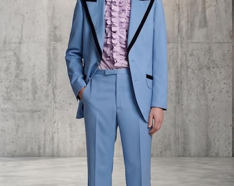 Light Blue Prom Suit for Men, 1970s Vintage Style Tuxedo, Pastel Blue Wedding Suit with Ruffle Shirt, Slim Fit 2 Piece Retro Gala Outfit