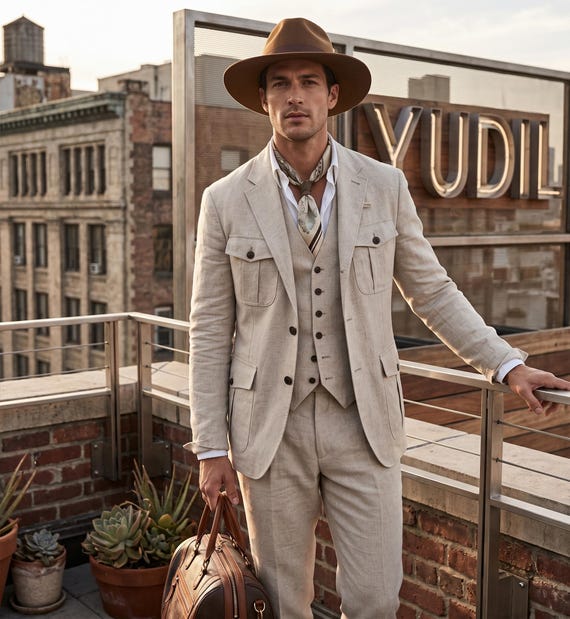 Men's Linen Safari Suit 3-piece, Beige Textured Travel Ensemble