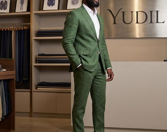 Men's Olive Green Linen Suit – 2 Piece Slim Fit Wedding Prom Suit