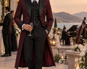 Burgundy Tailcoat Suit for Men, Victorian Tuxedo, Black Waistcoat Wedding Suit, Formal Groom Outfit, Steampunk Evening Coat