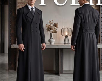Men's Gothic Ankle-Length Double-Breasted Wool Overcoat, Victorian Steampunk Tailored Suit