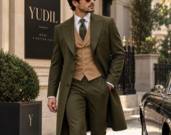 Men's Olive Green 3 Piece Suit with Long Overcoat, Tan Waistcoat & Trousers, Elegant Wedding Suit, Formal Groom Outfit, Luxury Menswear