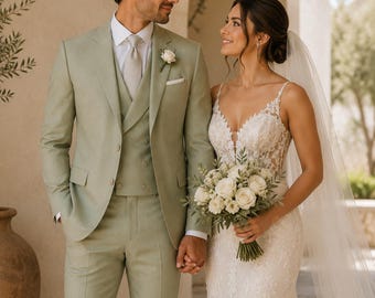 Sage Green Custom Rayon 3-Piece Wedding Suit for Men, Made to Measure Groom Attire