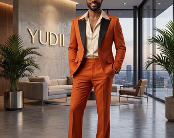 Burnt Orange 70s Vintage Style Men's Suit - 2 Piece Retro Prom & Wedding Tuxedo - Wide Peak Lapel Flare Pants - Custom Tailored Disco Suit