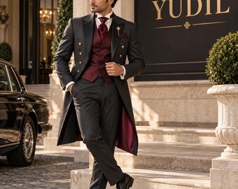 Men's Tailcoat Suit Set, Charcoal Grey Wedding Tuxedo, Burgundy Satin Waistcoat, Formal Groom Suit, Victorian Morning Coat, Luxury Menswear