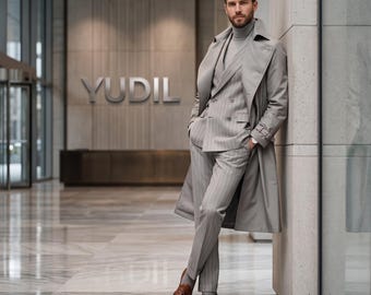 Light Gray Pinstripe Men's 3-Piece Suit with Trench Coat • Tailored Wool Wedding Suit
