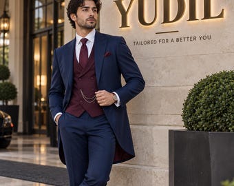 Navy Blue 3 Piece Suit for Men, Burgundy Vest Wedding Suit, Tuxedo Style Formal Suit, Groom Suit, Prom Suit, Tailored Mens Suit