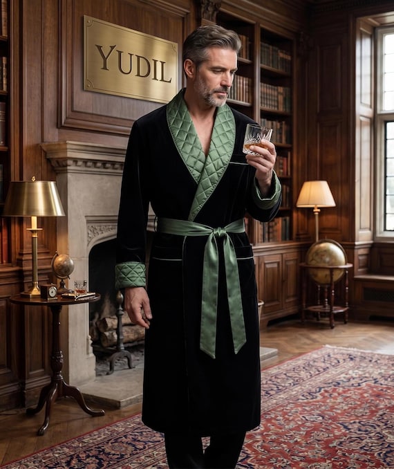 mens designer dressing gowns Luxury Velvet Robe for Men, Green Quilted Smoking Jacket, Gown, Plush Loungewear, Groom Gift, Elegant Housecoat Width:D Gwyneth paltrow iron man Color:CREAM Mens clothing Impeccabile wool dressing gown