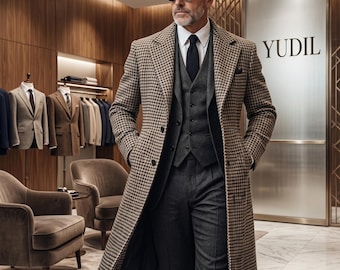 Men's Houndstooth Wool Overcoat, Vintage Tweed Winter Long Coat