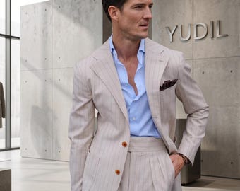 Men's Cream Pinstripe Suit, Custom Tailored Beige Striped Wedding Suit, Premium Off-White 2 Piece Suit for Groom, Prom, Summer Formal Wear