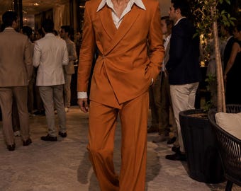 Men's Burnt Orange Double Breasted Suit, Retro Wide Leg, 70s Wedding Groom Outfit