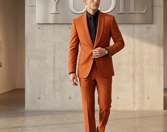 Burnt Orange Men's Slim Fit Suit, Rust Wedding Prom Tuxedo, Terracotta Formal Wear