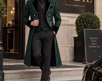 Emerald Green Overcoat for Men, Luxury Tweed Long Coat, Black Tuxedo Waistcoat Suit, Formal Wedding Groom Outfit, Vintage Evening Wear