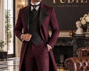 Terno Borgonha com Fraque para Homens, Smoking com Lapela Preta, Terno de Casamento com Abotoamento Duplo, Terno Formal para Noivo, Jaqueta de Jantar Vitoriana