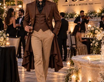 Terno marrom com casaca para homem, smoking vitoriano steampunk, terno gótico para casamento, fraque formal, terno de 3 peças com colete e calça.