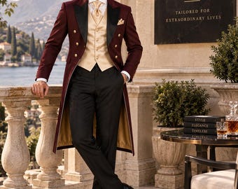 Burgundy Tailcoat Suit Set, Men's Victorian Tailcoat, Burgundy Wedding Suit, Cream Satin Waistcoat, Groom Tuxedo, Formal Party Suit