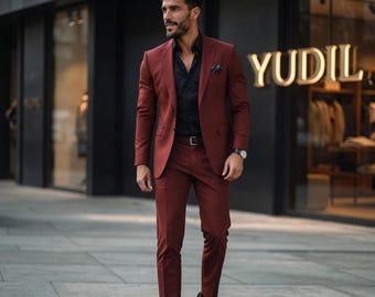 Rust Red Men's Suit 2 Piece, Slim Fit Groom Suit, Burgundy Wedding Tuxedo, Terracotta Prom Suit, Custom Tailored Menswear, Gift for Him