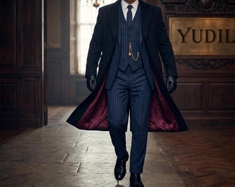 Men's Navy Pinstripe 3-Piece Suit, Peaky Blinders Style Wool Overcoat