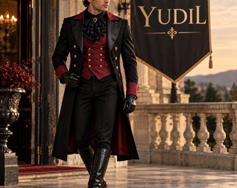Casaco preto masculino com colete bordô, traje gótico vitoriano, casaco formal steampunk, smoking vintage, roupa de casamento renascentista