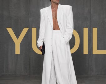 Witte lange overjas voor heren, getailleerde jas tot op de grond, avant-garde trouwjas, formele jas voor de bruidegom, luxe statement maxi-jas, op maat gemaakt