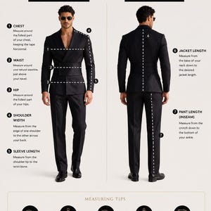 Op de afbeelding: Een instructieve infographic getiteld YUDIL HOW TO MEASURE FOR THE PERFECT FIT. Het toont een zwart pak op een figuur van voor- en achteraanzicht, met genummerde stippellijnen die borst, taille, heup, schouder, mouw, jas en broeklengte aangeven.
