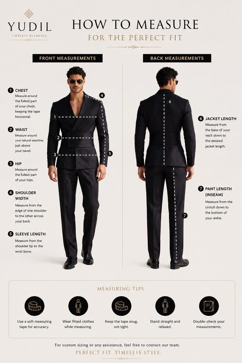 Op de afbeelding: Een instructieve infographic getiteld YUDIL HOW TO MEASURE FOR THE PERFECT FIT. Het toont een zwart pak op een figuur van voor- en achteraanzicht, met genummerde stippellijnen die borst, taille, heup, schouder, mouw, jas en broeklengte aangeven.