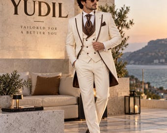 Ivory Tuxedo Suit for Men, Cream 3 Piece Wedding Suit, Tailcoat Tuxedo, Brown Trim Formal Suit, Groom Suit, Luxury Evening Wear