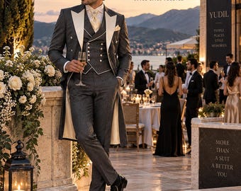 Terno masculino cinza-escuro com cauda, ​​smoking formal de 3 peças, terno de casamento com lapela marfim, terno para noivo, terno de noite estilo vitoriano