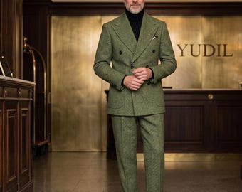 Olive Green Herringbone Tweed Suit for Men-Double Breasted 2 Piece Suit-Vintage Style Wool Suit for Weddings Business-Custom Tailored