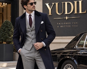 Men's Navy Overcoat Suit, 3 Piece Grey Suit Set, Double Breasted Long Coat, Formal Wedding Suit, Business Tuxedo Outfit, YUDIL