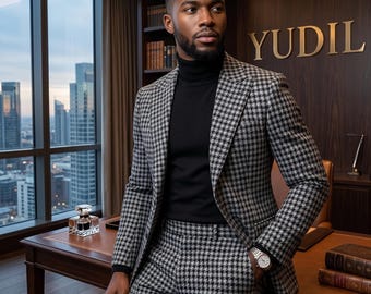 Men's Houndstooth Wool Blend Suit, Slim Fit Tweed Two-Piece Set