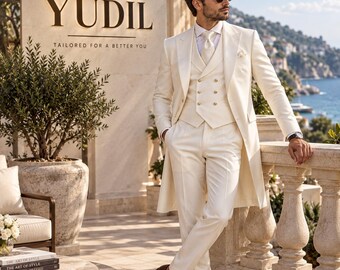 Ivory 3 Piece Wedding Suit for Men, White Tuxedo Tailcoat, Groom Suit, Double Breasted Vest, Formal Wedding Suit, Luxury Tuxedo