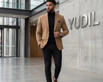 Men's Camel Blazer and Black Trousers Suit, Slim Fit Business Casual Attire