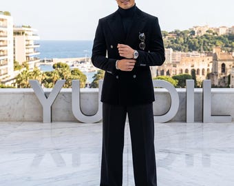 Abito da uomo doppiopetto in velluto nero, completo a due pezzi con pantaloni a gamba larga, smoking di lusso per ballo di fine anno e matrimonio, abito firmato su misura per uomo