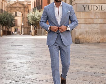 Light Blue Linen Slim Fit Suit, 2 Piece Summer Wedding Groom, Pastel Tailored Prom Suit