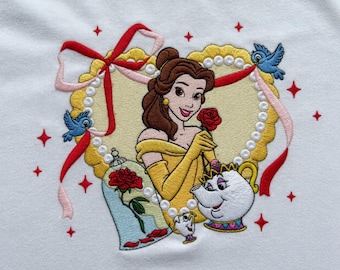 EMBROIDERED Disney Belle Princess Mirror Coquette Bow File, Beauty And The Beast T-shirt, Birthday Gift, Disneyland Family Trip