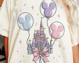 EMBROIDERED Disney Castle Bow File, Coquette Mickey Balloon Tee, Pastel Magic Kingdom, Disney Trip, Disney Family Vacation Trip