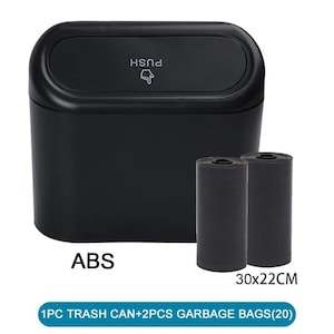 May include: Black rectangular bin with a push-button lid, alongside two rolls of black refuse sacks. The bin is labelled "ABS" and the dimensions are 30x22cm. The text "1PC TRASH CAN+2PCS GARBAGE BAGS(20)" is also visible.