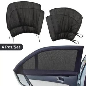 Könnte beinhalten: Ein Set aus vier schwarzen Netz-Sonnenschutzblenden für Autofenster. Die Blenden bestehen aus einem feinen, halbtransparenten Gewebe, das über den Türrahmen passt, und verfügen über eine flexible Struktur sowie integrierte Bänder zur Befestigung.