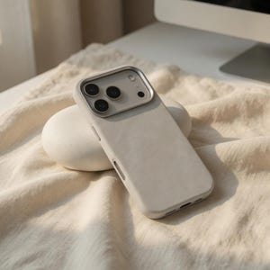 May include: A light gray phone case with a camera module featuring three lenses. The case is resting on a white, rounded object and a beige fabric. The phone case has a smooth, matte finish and a minimalist design.