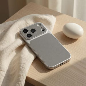 Op de afbeelding: Een zilver-grijze telefoonhoes met een matte afwerking. De hoes heeft een rechthoekig ontwerp met een cameramodule en een gladde, grijze achterkant. Een ovaal, wit object ligt in de buurt op een houten oppervlak.