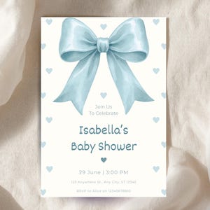 Coquette Blue Bow Baby Shower Invitation, Vintage Ribbon Baby Shower, Printable & Mobile Invite, Editable Canva Template (Digital Download)