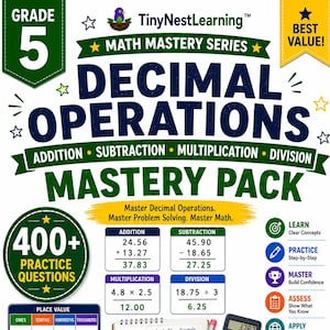 May include: Grade 5 Math Mastery Series Decimal Operations Mastery Pack educational resource. Features 400+ practice questions, place value charts, decimal operation examples, a number line, a calculator, and a pencil. Common Core aligned.