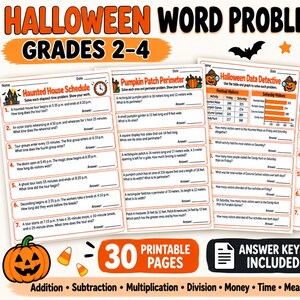 以下が含まれることがあります： 小学2年生から4年生向けのハロウィンをテーマにした算数の文章題ワークシート30枚セット。足し算、引き算、掛け算、割り算、お金、時間、測定、データ分析の練習問題が含まれ、解答キーとハロウィンのイラストが付属しています。