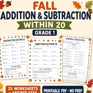 Könnte beinhalten: Ein Set aus 25 druckbaren PDF-Mathematikarbeitsblättern für die 1. Klasse mit herbstlichen Rändern aus Blättern und Eicheln. Die Seiten enthalten Additions- und Subtraktionsaufgaben bis 20, Vergleichsaufgaben und Textaufgaben.