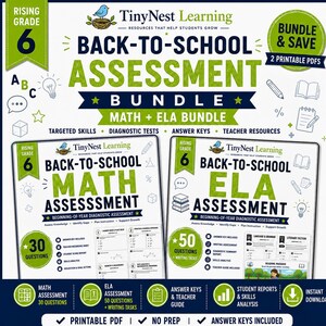 May include: A digital back-to-school assessment bundle for grade 6, featuring two printable PDF documents for math and ELA. The cover pages display the TinyNest Learning logo, diagnostic test details, question counts, and educational icons.