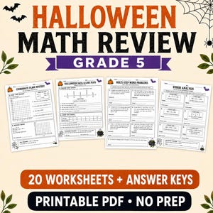 Op de afbeelding: Een set printbare Halloween-wiskundewerkbladen voor groep 7, met vier pagina's getiteld Coordinate Plane Mystery, Halloween Data & Line Plots, Multi-Step Word Problems en Error Analysis, inclusief 20 werkbladen en antwoordsleutels.