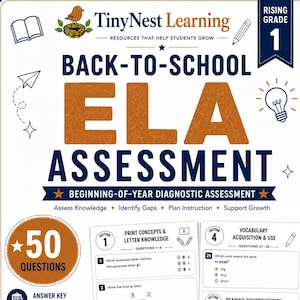 May include: A printable educational document titled Back-to-School ELA Assessment for Rising Grade 1 students by TinyNest Learning. It features sections on print concepts, grammar, phonics, vocabulary, reading comprehension, and writing with 50 questions.